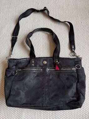 Coach | F14873 Signature Daisy Hobo Shoulder Bag | Black Nylon Leather Trim